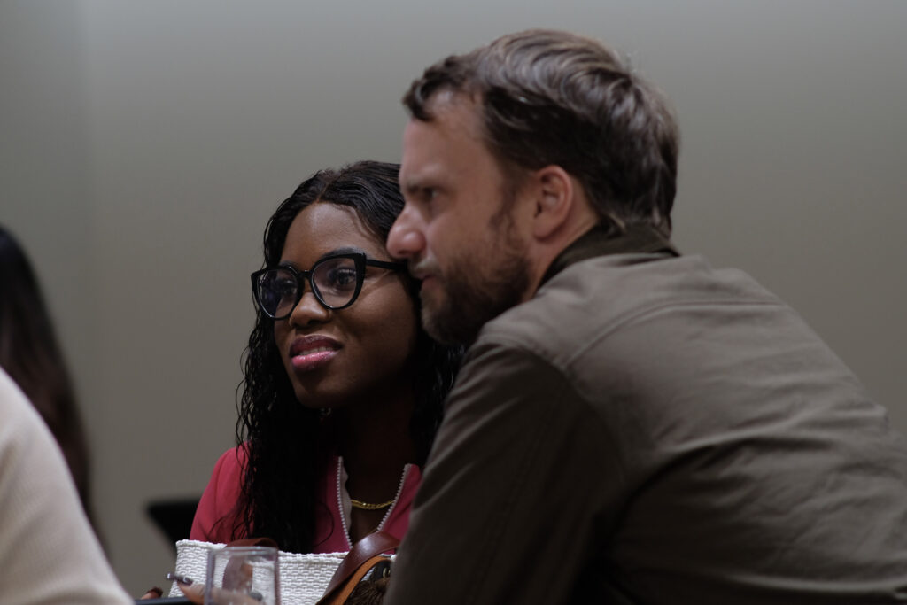 Two people at the economics alumni reception