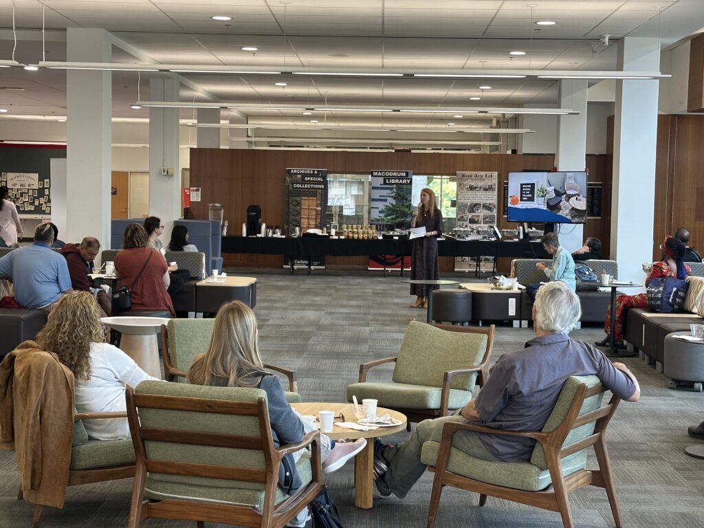 View of people listening to a presentation in the MacOdrum Library during the Parents Breakfast