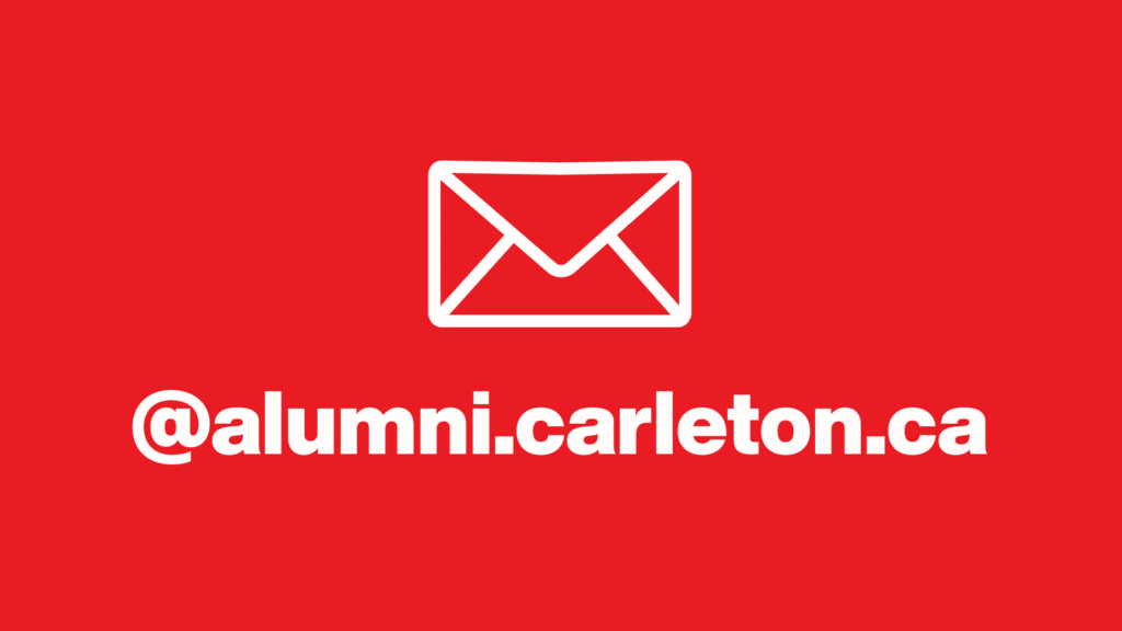 Red background with a mail icon and text that reads @alumni.carleton.ca