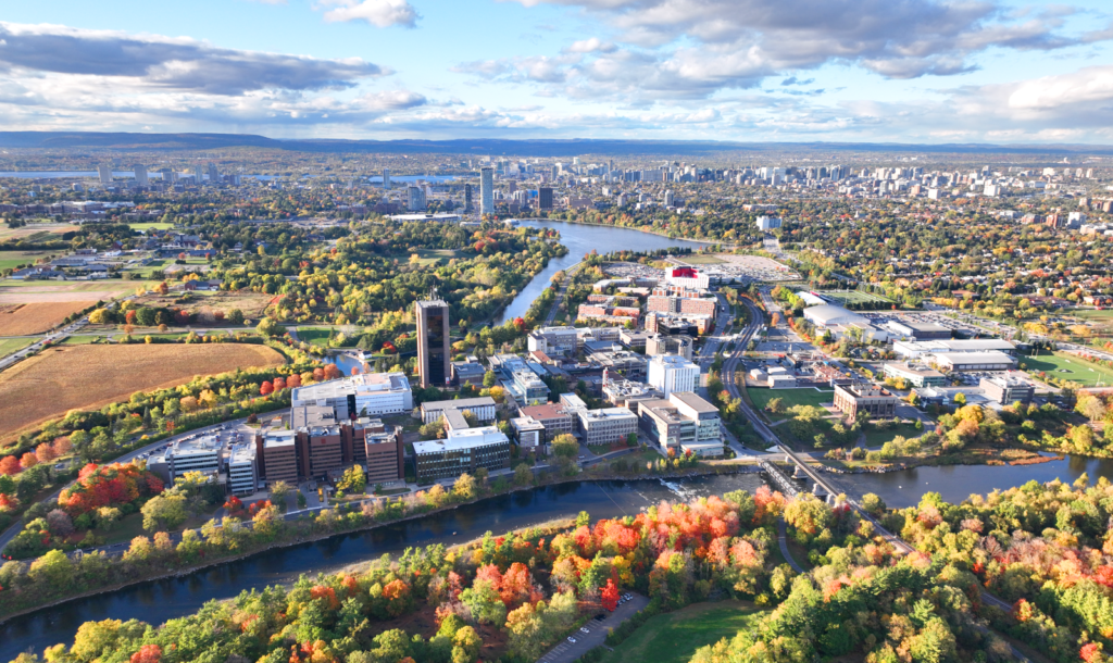 Aerial view of the Carleton University campus in fall