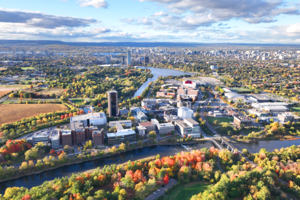 Aerial view of the Carleton University campus in fall