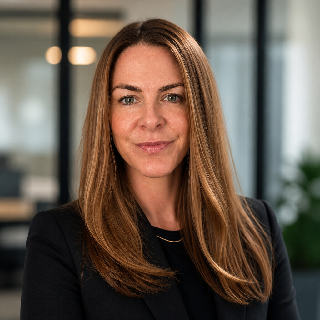 A professional headshot image of Erica Newman in a black shirt and black blazer, in a corporate setting