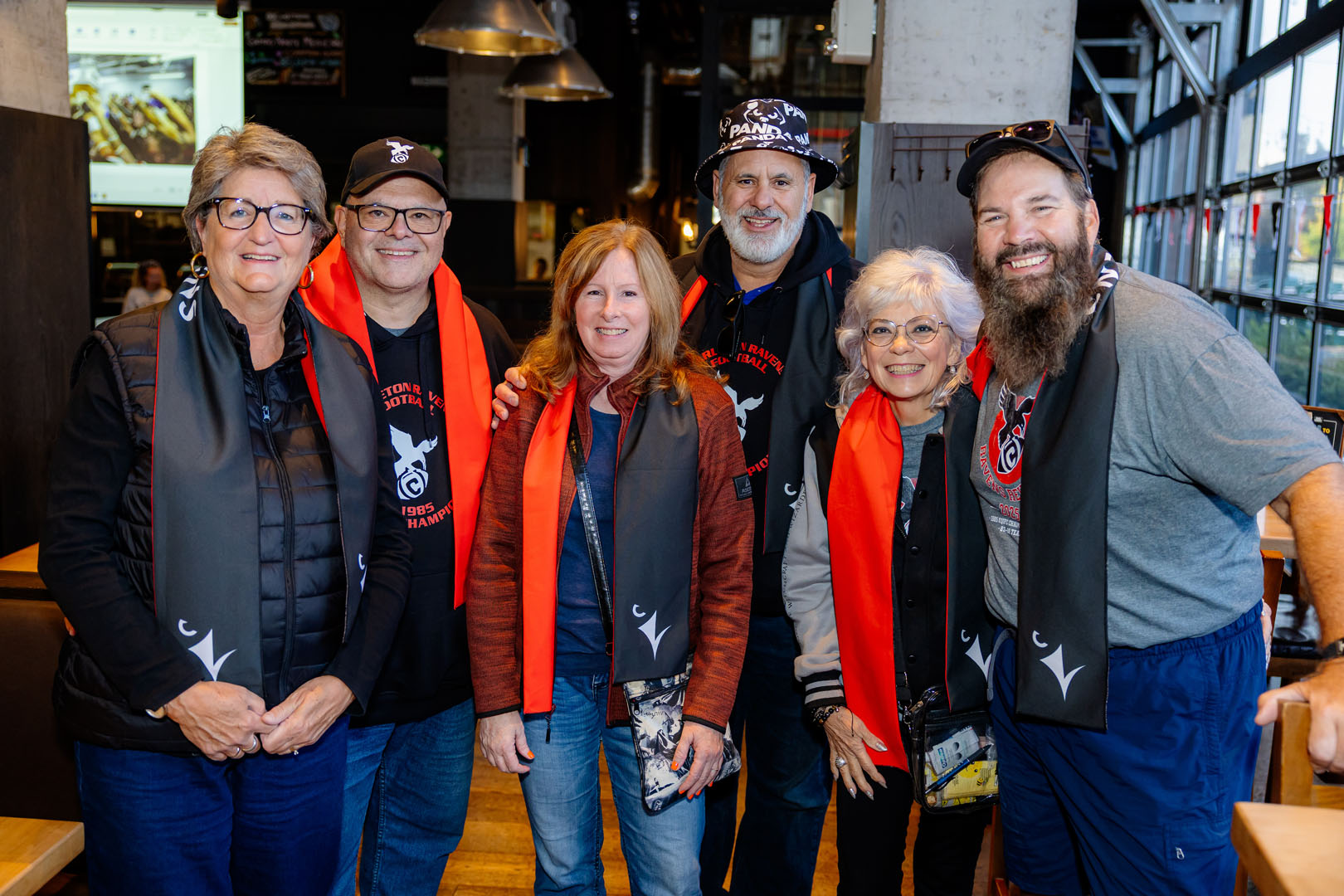 Group of six people, smile at the Pancaker breakfast