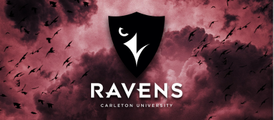 An image of the Ravens crest against a dark burgundy sky, with birds flying in the background