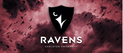 An image of the Ravens crest against a dark burgundy sky, with birds flying in the background